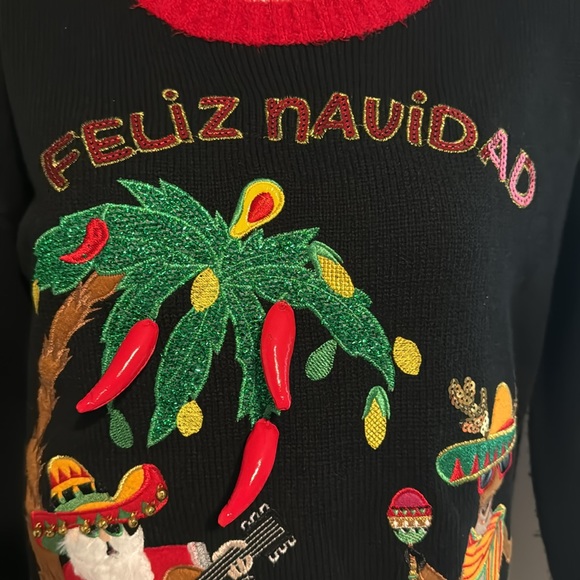 Feliz Navidad Ugly Christmas Sweater Santa Chili Peppers Avocado Sequins Small - Picture 2 of 12